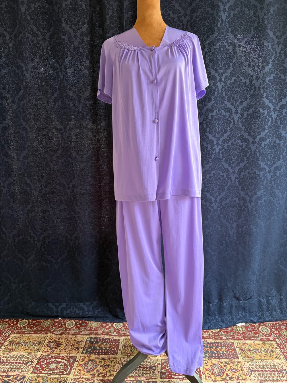 Vintage VANITY FAIR Purple Nylon Pajama Set Pants and Button-Down Top Sz Small